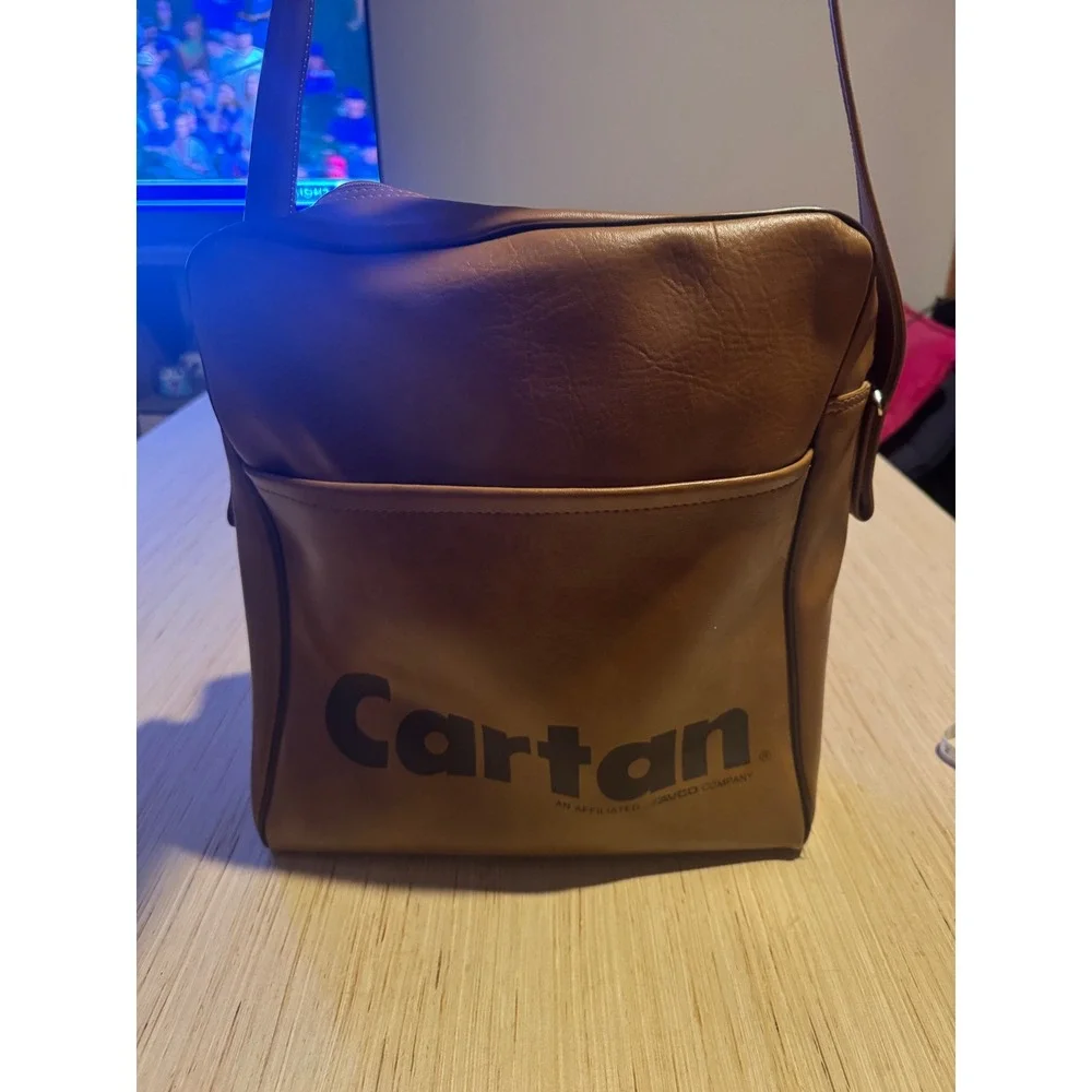 Vintage Cartan Travel vinyl record Bag Tan Brown Faux Leather Shoulder Avco 44